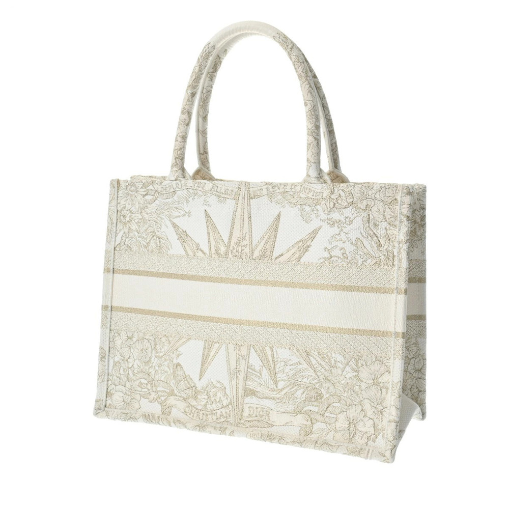 Dior Gold CHRISTIAN Handbag Book White Canvas Tote Gold White